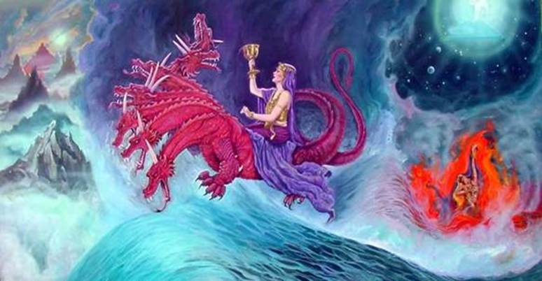 La gran ramera de Apocalipsis viene sentada sobre una bestia escarlata en este mural por John Maniscalco.