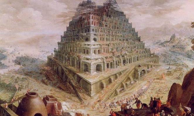 Una representación artística de la torre de Babel, construyendose como una pirámide o ziguret escalonado.