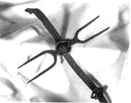 Instrumento de hierro de dos extremos con puntas afiladas enfrentadas, unido a una correa metálica para el cuello sobre un fondo de tela.