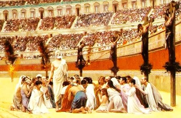 Una pintura artística de cristianos en el siglo I en el Coliseo en Roma, algunos crucificados, otros arrodillados, uno orando, esperando el ataque de animales salvajes.