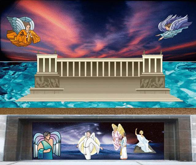 Una representación artística del gran altar de Dios en el cielo, gradas anchas, muchas columnas, dos ángeles arriba, y cuatro figuras de almas glorificadas de mártires bajo el altar.