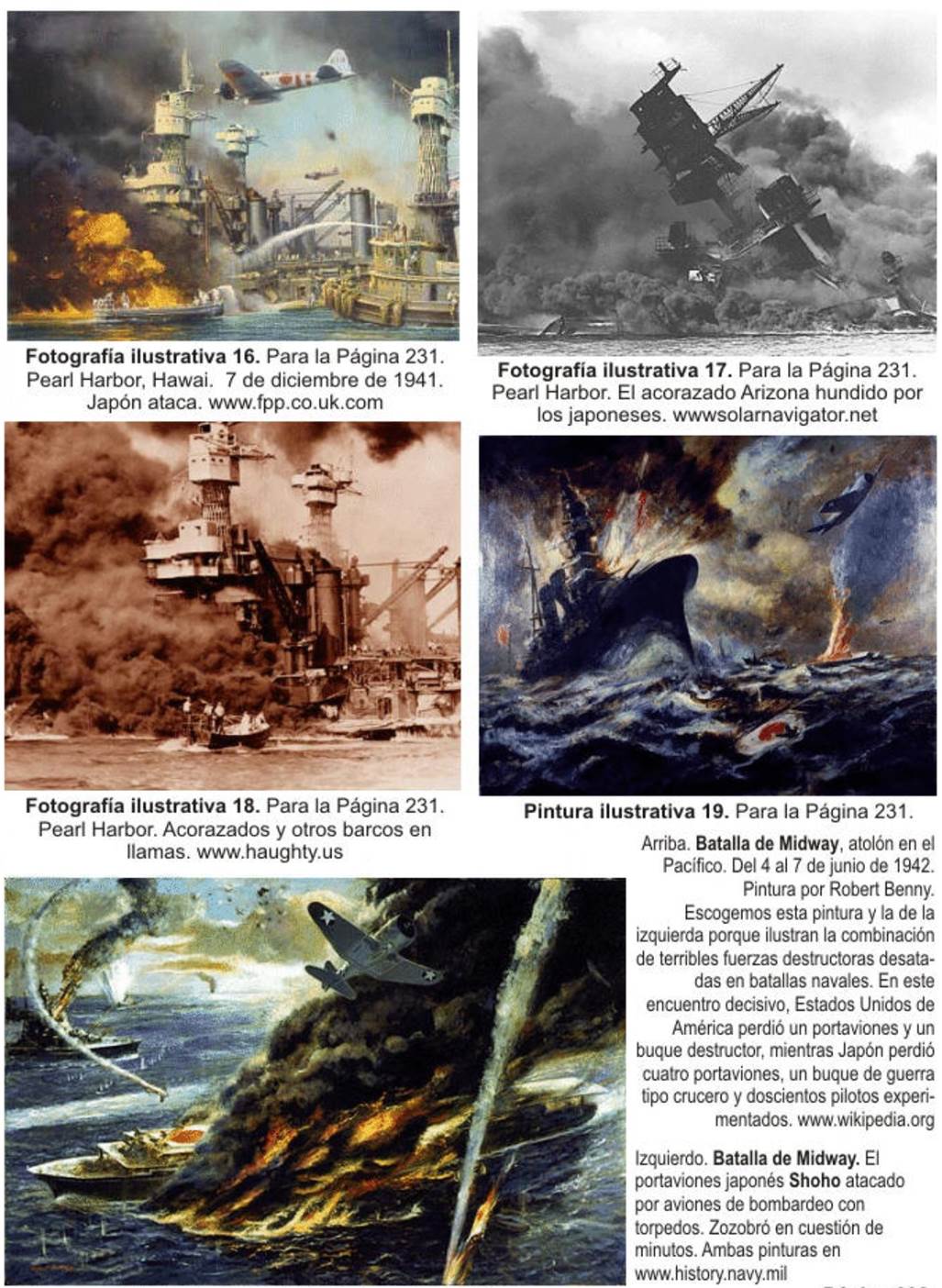 Collage de fotografías y pinturas de barcos hundidos y aviones derribados durante la Segunda Guerra Mundial