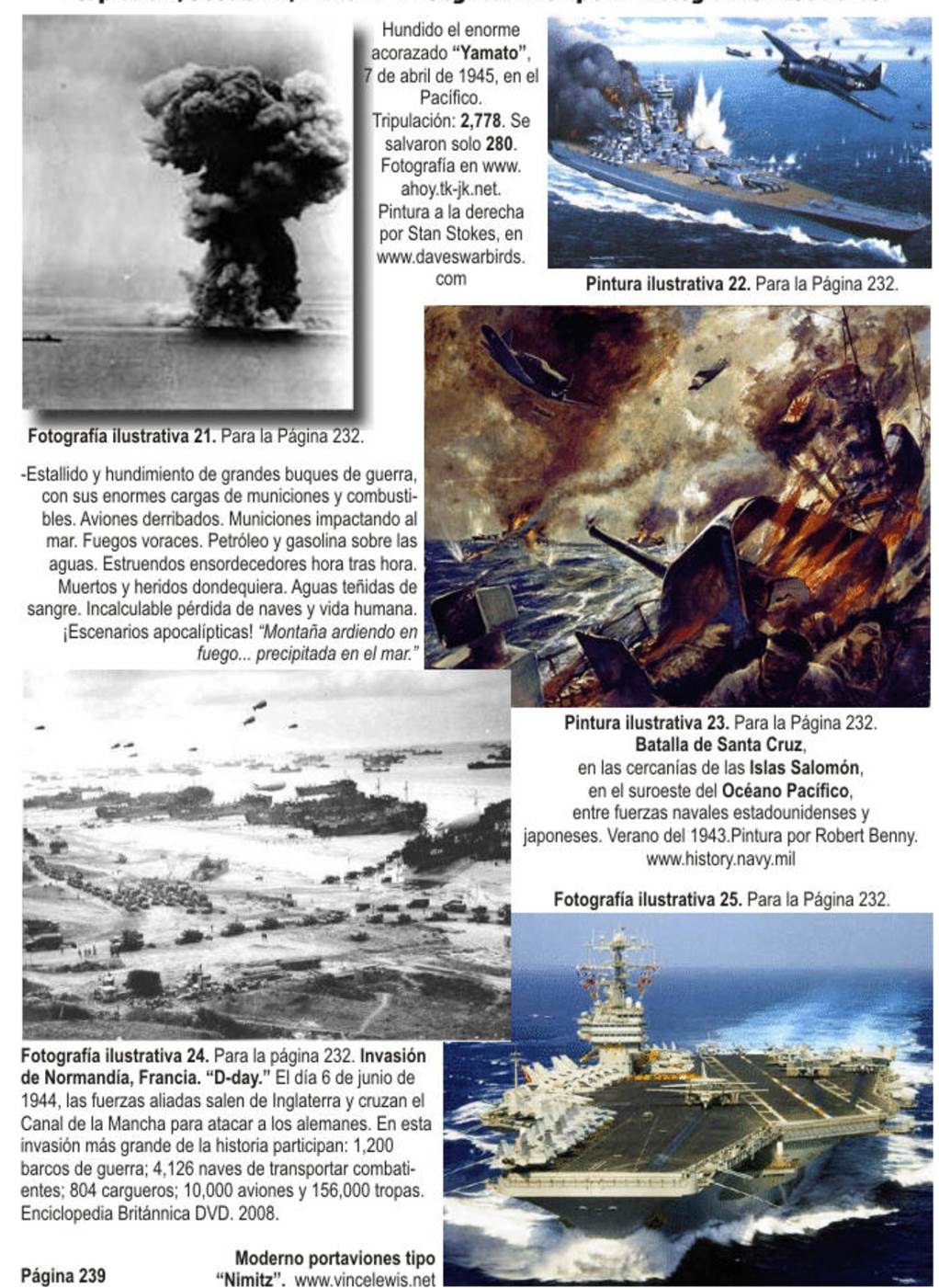 Group of photografts and paintings showing the massive destruction of ships and planes during the Second World War><br clear=