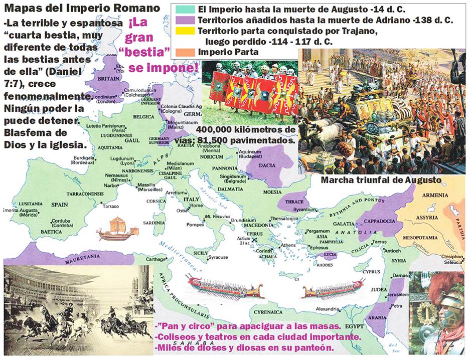 Gráfica compuesta de imágenes y textos relacionados con las cuatro bestias que vio Daniel y las siete cabezas de la primera bestia de Apocalipsis que las identifican como reinos terrenales que siguen el uno al otro en la línea del tiempo.