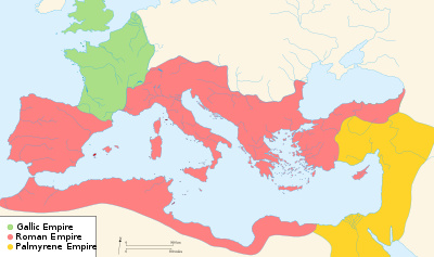 Mapa histórico del Mediterráneo que muestra divisiones territoriales coloreadas: Imperio Gálico en verde, Imperio Romano en rojo e Imperio de Palmira en amarillo.
