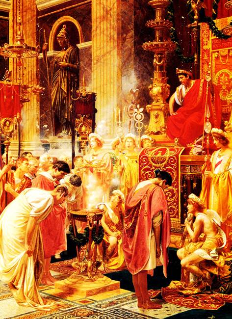 Gran pintura de exquisitos detalles y colores subidos en la que súbitos romanos rinde culto a un emperador romano, ejemplo del culto tributado a emperadores desde Augusto en adelante que, blasfemaban al reclamar que eran dioses.