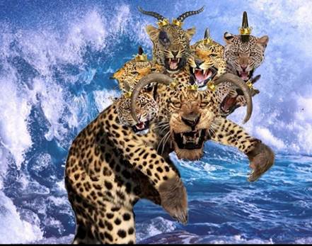 Una pintura de la Primera Bestia de Apocalipsis 13 que emerge del mar agitado por grandes olas como una bestia de cuerpo a manera de leopardo, pies de oso y boca de león.