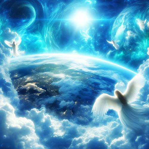 Una pintura abstracta de cuatro ángeles que se suspenden en los aires sobre los cuatro puntos cardinales del globo terráqueo el que ocupa, entre nubes arremolinadas, una porción grande del inferior del cuadro.