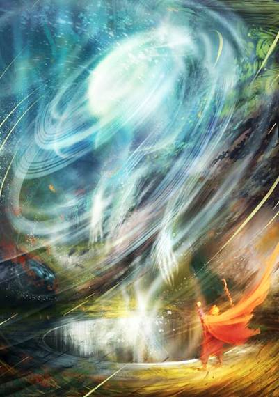 Una pintura abstracta de un varón parado, con brazos levantados, que mira enormes torbellinos de vientos recios alrededor y encima de su persona.