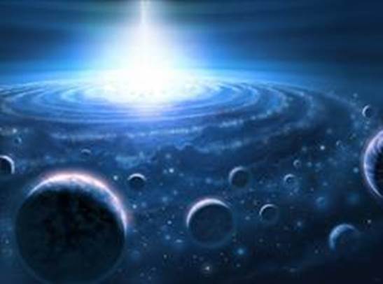 Una creación artística abstracta de muchas esferas en primera plana, luego círculos grandísimas de seres redimidos alrededor de un gran trono que irradia una luz potente blanca hacia los lados y verticalmente, todo en tonalidades de azul.