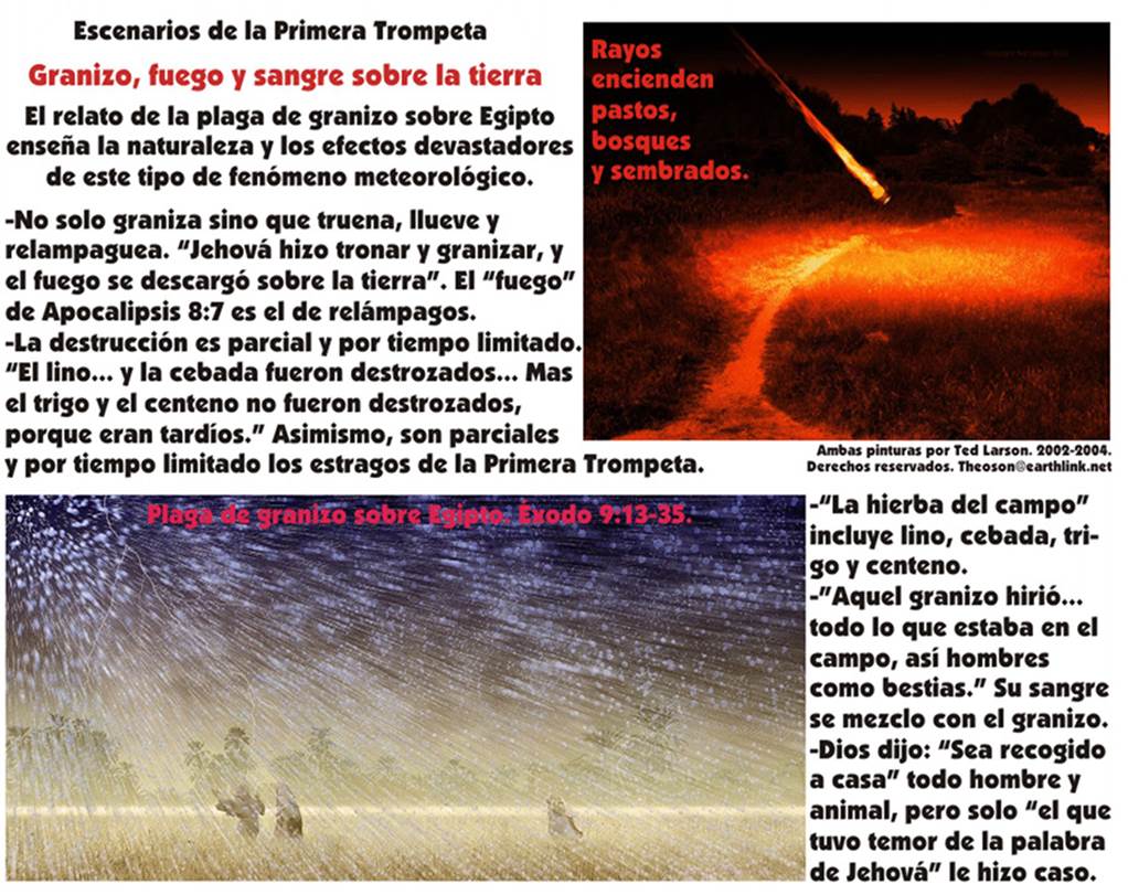 Escenarios de la Primera Trompeta de Apocalipsis: Granizo, fuegto y sangre sobre la tierra. Imagen de una diapositiva.
