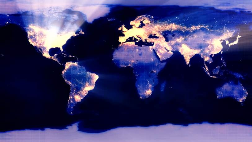 Gráfica de un mapa de los continentes de la tierra que realza cómo grandes extensiones de las áreas habitadas emiten tanta luz artificial que la misma alumbra los cielos de noche. 