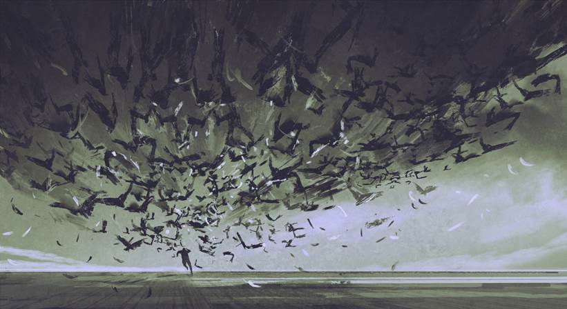 Gráfica de una horda de langostas que persiguen a un varón en plen carrera, ilustración para la Quinta Trompeta de Apocalipsis.