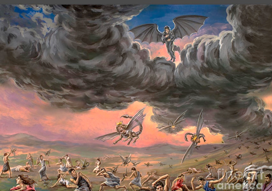 Pintura realista de langostas sobre la tierra conforme a la visión de la Quinta Trompeta de Apocalipsis.