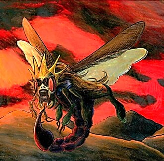 Gráfica del aspecto de las langostas de la Quinta Trompeta de Apocalipsis.