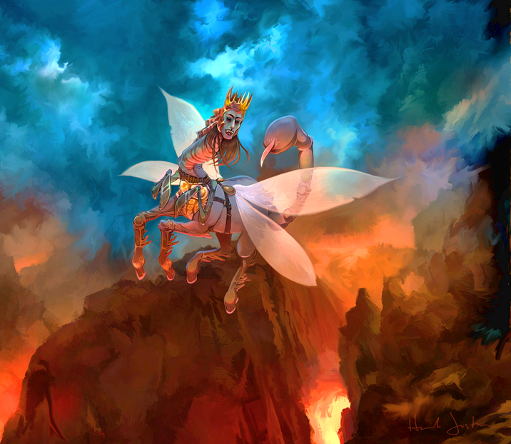 Esta pintura de una figura compleja representa el aspecto de  las langostas de la Quinta Trompeta de Apocalipsis. 