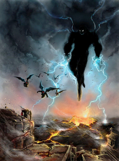 Esta obra artística muestra a Satanás y los ángeles caídos en el abismo donde están guardados para el juicio, ilustración para la Quinta Trompeta de Apocalipsis.