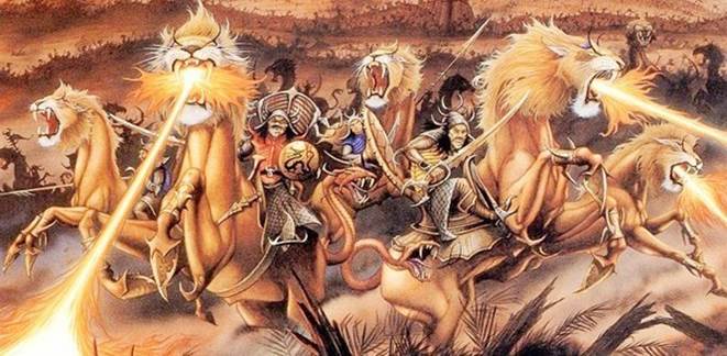 Pintura de caballos con cabeza de león y cola de serpiente para el tema Doscientos millones de jinetes.