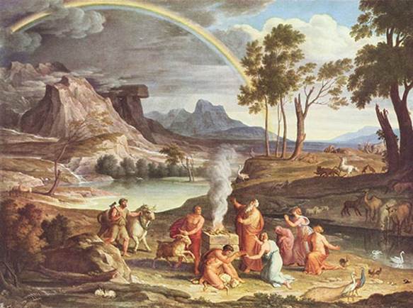 Pintura de Noé y su familia en tierra seca después del Gran Diluvio, con el primer gran arco iris en cielos nublados, para el tema El arco iris de Dios.