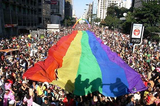 Photograph of a huge rainbow banner carried by a great multitude of alternative lifestyles advocates.