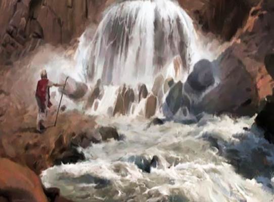 Una pintura artística abstracta que representa a Jesucristo como la roca de la cual brotaba agua, siguiendo a Israel esta Roca durante sus cuarenta años en el desierto.