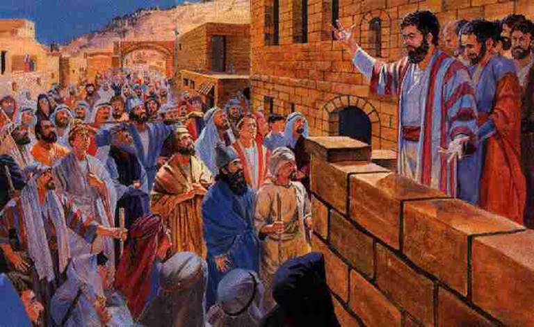 Pintura de colores vivos que representa a Pedro y los demás apóstoles en el acto de proclamar el evangelio en Jerusalén en el día de Pentecostés.