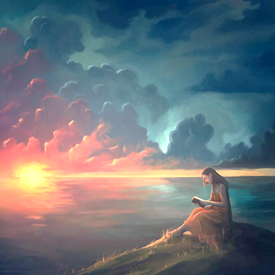 Pintura de una dama joven que lee la Biblia mientras  sentada frente al mar y la puesta del sol.
