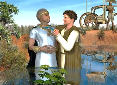 El tesorero, eunuco, de Etiopía bautiza por inmersión por el evangelista Felipe.