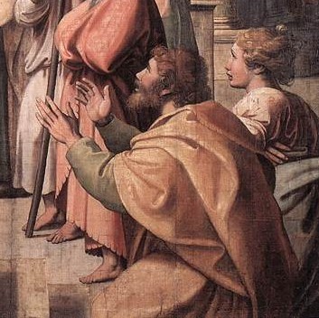 Pintura de personas vestidas al estilo de israelitas en el siglo 1 en posición de recibir dádivas traídas por el apóstol Pablio para los necesitados en Judea.