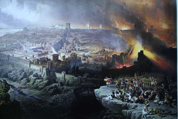 Representación gráfica de la destrucción del templo judío y Jerusalén en el año 70 d. C. por los romanos.