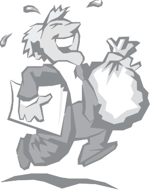 Ilustración en escala de grises de un hombre sonriente en traje de negocios corriendo alegremente con un fajo de papeles en una mano y una bolsa atada en la otra.