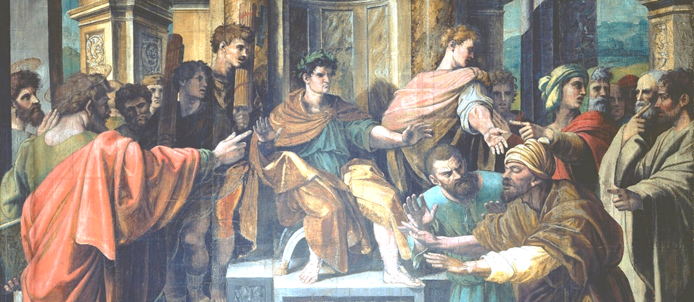 Pintura que representa a muchos miembros de la iglesia de Cristo en Corinto contiendo entre sí y causando divisiones en la congregación.