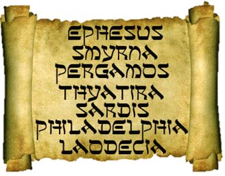 Imagen de un pergamino con nombres de las siete ciudades de Asia que recbieron las siete cartas de Apocalipsis.