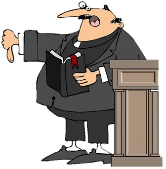 Gráfica de un predicador gordo que una seña de desaprobación con su mano derecha.