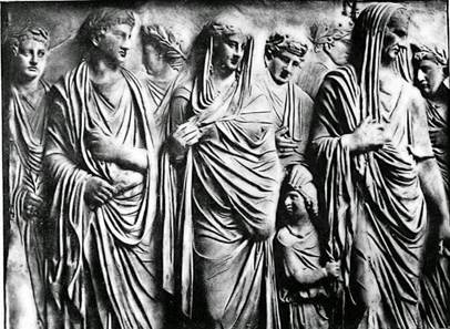 Escultura en alto relieve de damas romanas del siglo I que se cubrían con el velo de rigor en aquella cultura.