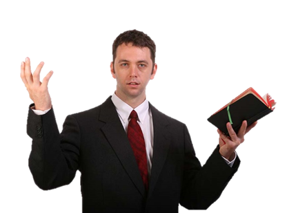 Foto de un ministro neófito que sostiene en sus mano izquierda una Biblia abierta mientras se dirige a la congregación.