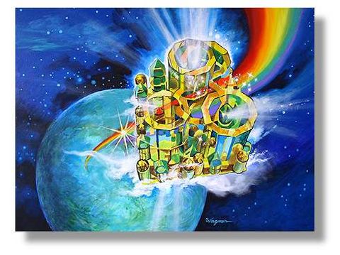 Pintura abstracta de formas geométricas distintas de colores variados que se extienden hacia el espacio desde el globo del planeta Tierra y detrás de la representación de la ciudad celestial, la nueva Jerusalén, un arco iris que parte de la tierra hacia el espacio celestial.