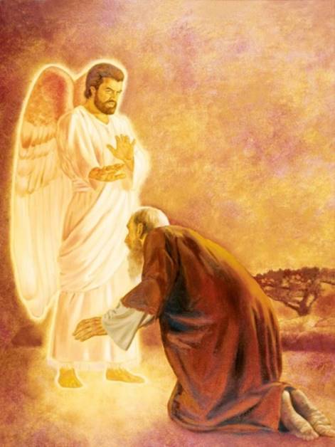 Pintura del apóstol Juan arrodillado a los pies de un ángel contra un trasfondo de cielos dorados, vestido Juan de una túnica parda, ordenándole el ángel a pararse, rechazando la veneración que Juan pretendía tributarle.