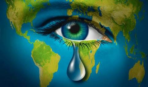 Un ojo que derrama una lágrima grande, contra el cuadro del planeta Tierra, con sus continentes y mares, ilustra el tema Eterna salud, en editoriallapaz.