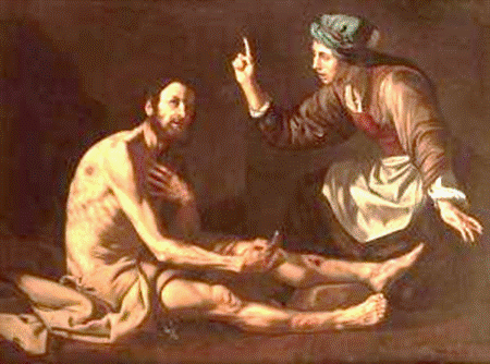 En esta pintura, la esposa de Job le reconviene, instándole a negar a Dios y morir, ilustración para el tema Eterna salud, en editoriallapaz.