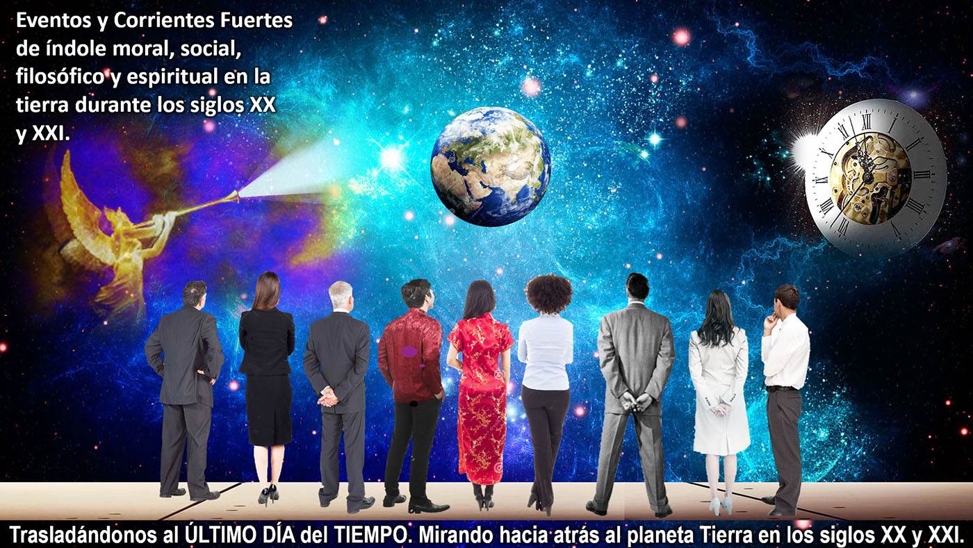 Una fotografía de una diapositiva PowerPoint de cinco varones adultos y cuatro mujeres, todos de espalda, parados sobre una cornisa llana en el espacio y mirando hacia el globo del planeta Tierra suspendido contra cielos estrellados, mientras un ángel hacia la izquierda toca la última trompeta y un gran reloj hacia la derecha marca las 12 de la media noche.