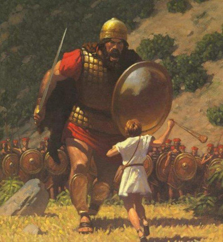 El muchacho David respondió valientemente al reto del gigante filisteo Goliat, matándole en el nombre de Jehová Dios con una piedra lisa que lanzó haciendo uso de la honda, in instrumento con el cual estaba familirizado.