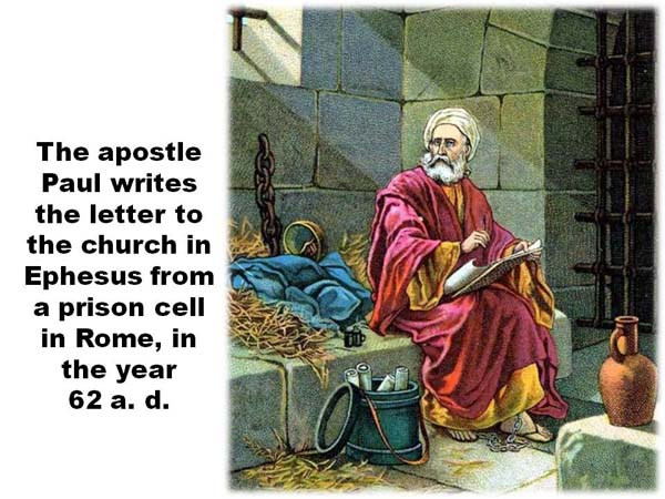 Painting of the apostle Paul seated and writing in a prison in the city of Rome, introduction for Lesson 1 of the series on Ephesians: studies to edify, motivate, inspire and amaze.