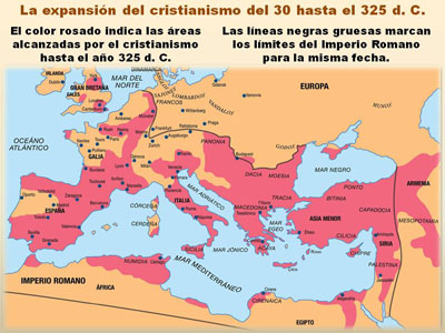 Este mapa demuestra la extensión del cristianismo desde el año 30 hasta el año 325 d. C., como también las fronteras del Imperio Romano para la misma fecha.