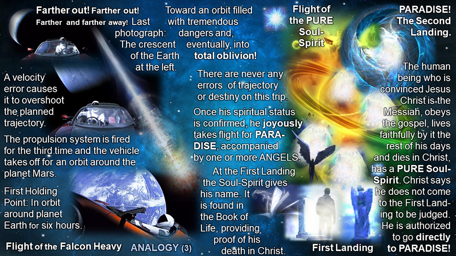 This JPEG image is the third slide of multiple graphics and texts for the series of analogies entitled The Flight of the Falcon Heavy and The flight of the Soul-Spirit, with complete texts for sermons, conferences or classes.