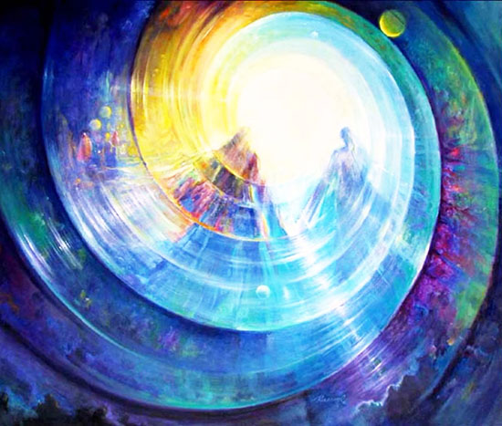 En esta creación artística metafísica, figuras que representan a almas-espíritus se trasladan por un túnel de colores psicodélicos hacia una luz blanca en la distancia, ilustración para el tema Viajes y Paradas del Alma-Espíritu después de la muerte del cuerpo físico.