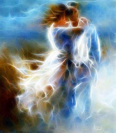 Lines and areas of shimmering, luminous white light emanate from the clothing of a young couple in this elegant abstract which illustrates the subject Can you tell me what love is, in editoriallapaz.org.