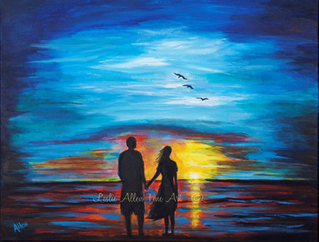 Esta gráfica de una pareja en silueta fronte al mar con aves vlando en el cielo ilustra el PDF del tema ¿Me puedes decir lo que es el amor?, en editoriallapaz.org.