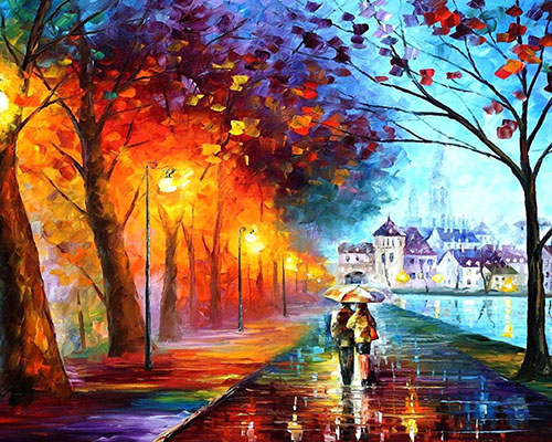 En esta una pareja que porta una gran paraguas camina por una calle ancha a riberas de un lago hacia un ciudad, abstracto de muchos colores que ilustra el tema ¿Cuáles son los amores buenos?, en editoriallapaz.