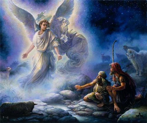Pintura realista de de Un ángel grande con dos alas que anuncia el nacimiento del Mesías Jesucristo a dos .